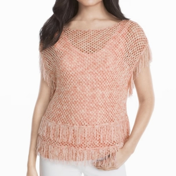 White House Black Market Tops - NWT White House Black Market Peach Smoothie Fringe Crochet Sweater Size XS